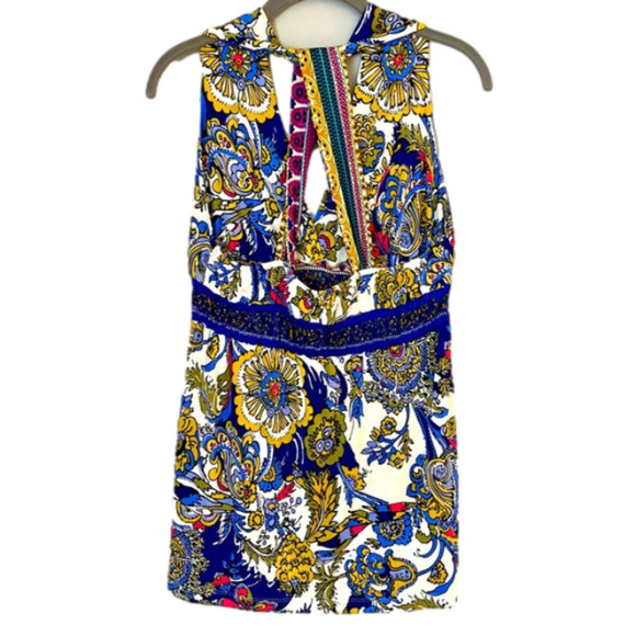 HALE BOB Top V-Neck Halter T-Back 100% Silk Floral Paisley Blue Gold Wom… - Picture 2 of 9